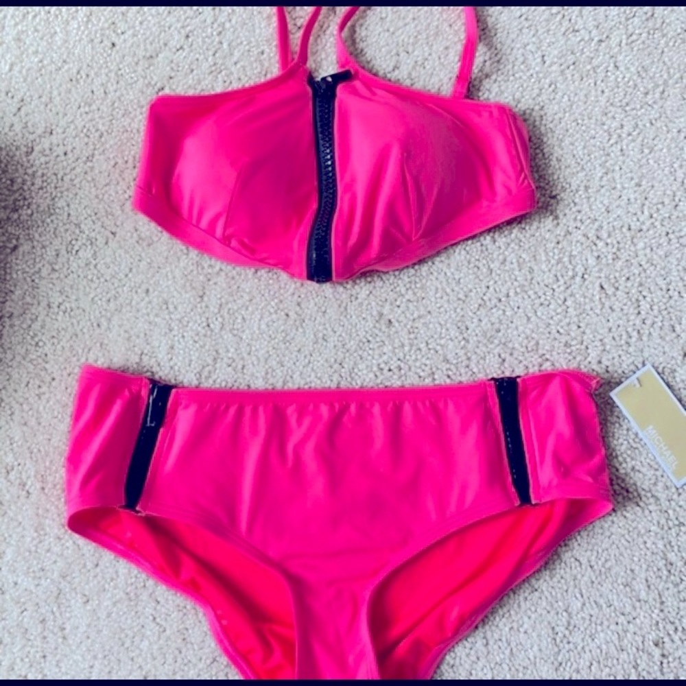 NWT MICHAEL KORS hot pink zipper bikini set